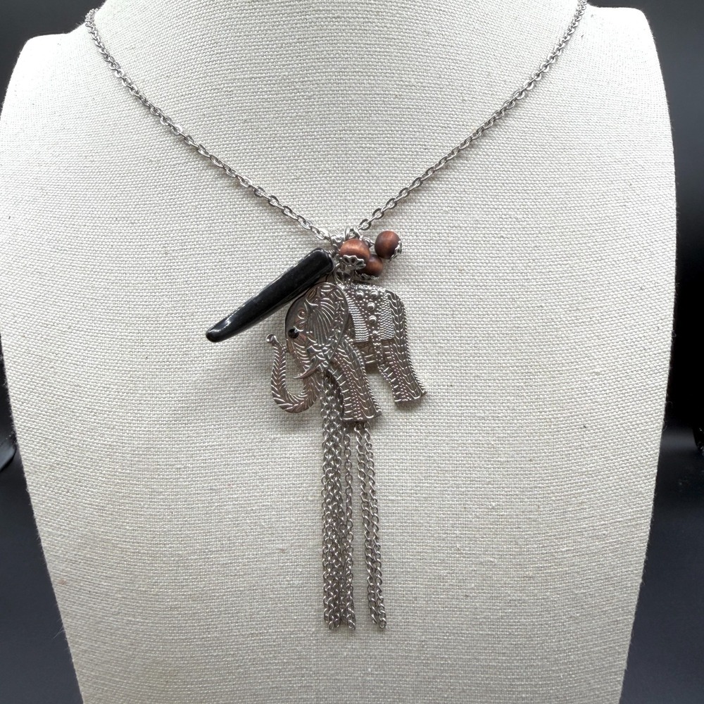 Elephant Statement Necklace Silver Tone Black Tusk Wood Beads Boho Tassel Gift